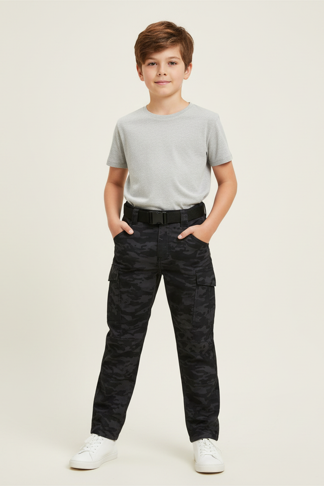 Pantalon Cargo Garçon Camouflage Noir Multipoches Décontracté Urbain - Toile