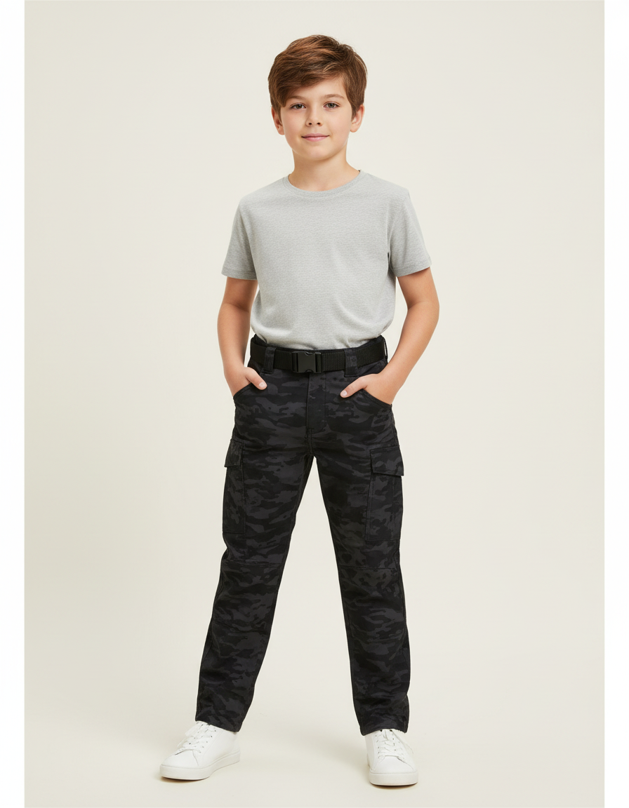 Pantalon Cargo Garçon Camouflage Noir Multipoches Décontracté Urbain - Toile