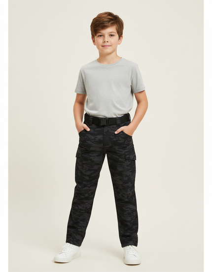 Pantalon Cargo Garçon Camouflage Noir Multipoches Décontracté Urbain - Toile