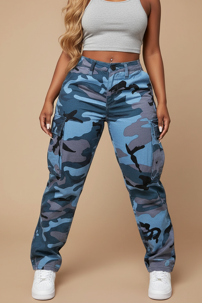 Pantalon Cargo Camouflage Bleu Ample Poches Femme - Toile
