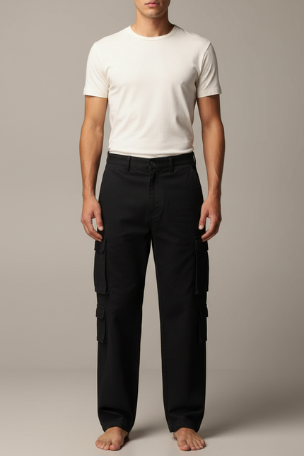 Pantalon Cargo Noir Ample Décontracté Multipoches Homme - Toile