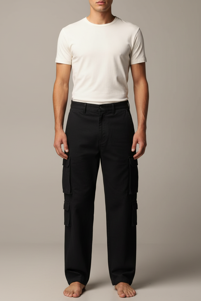 Pantalon Cargo Noir Ample Décontracté Multipoches Homme - Toile