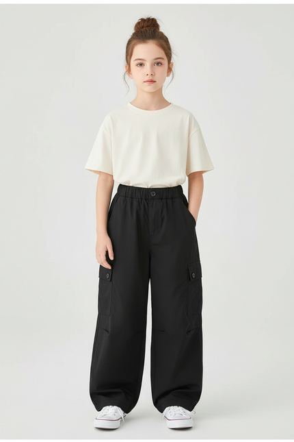 Pantalon Cargo Noir Ample Fille Multipoches Décontracté - Toile