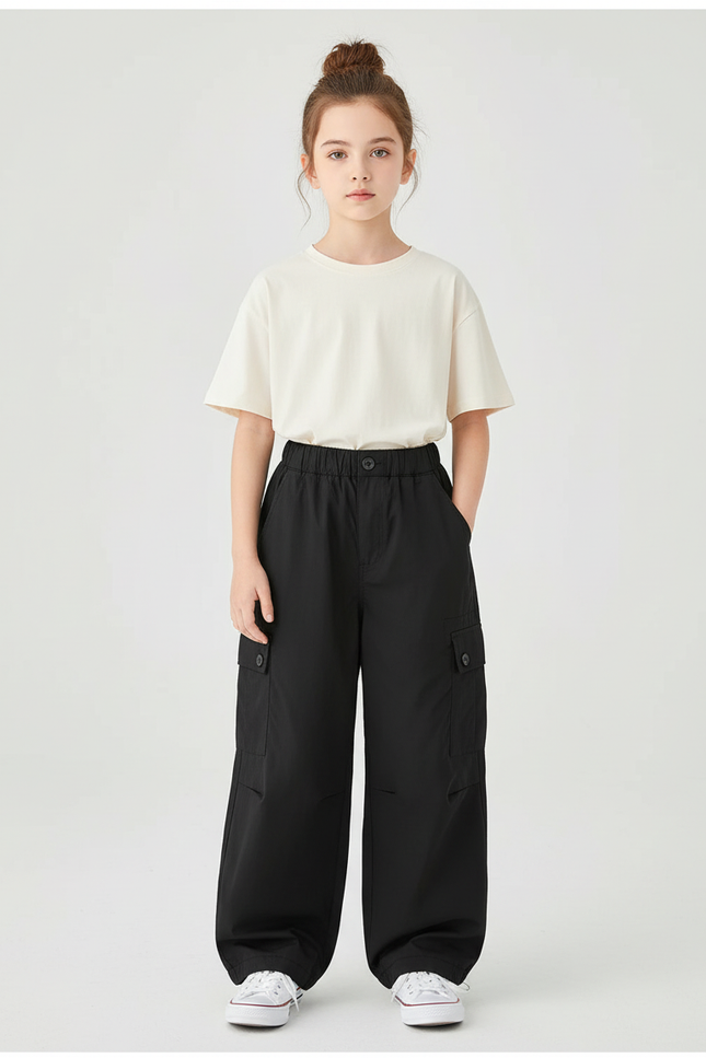 Pantalon Cargo Noir Ample Fille Multipoches Décontracté - Toile