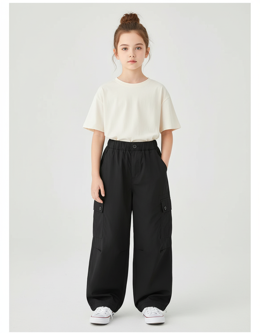 Pantalon Cargo Noir Ample Fille Multipoches Décontracté - Toile