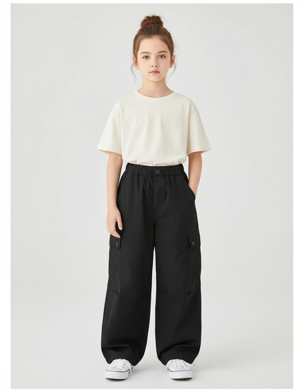 Pantalon Cargo Noir Ample Fille Multipoches Décontracté - Toile