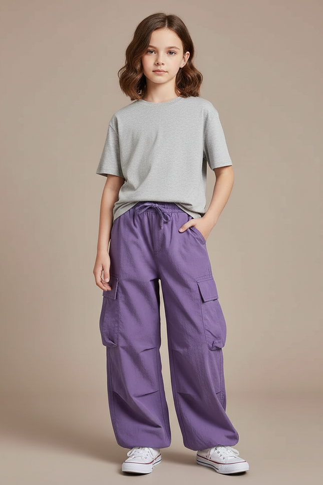 Pantalon Cargo Violet Ample Décontracté Multipoches Enfant - Polyester