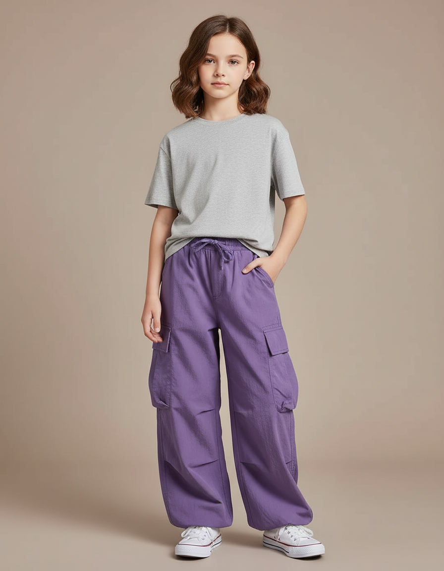 Pantalon Cargo Violet Ample Décontracté Multipoches Enfant - Polyester