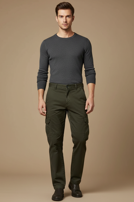 Pantalon Cargo Vert Olive Coton Droit Multipoches - Kaki