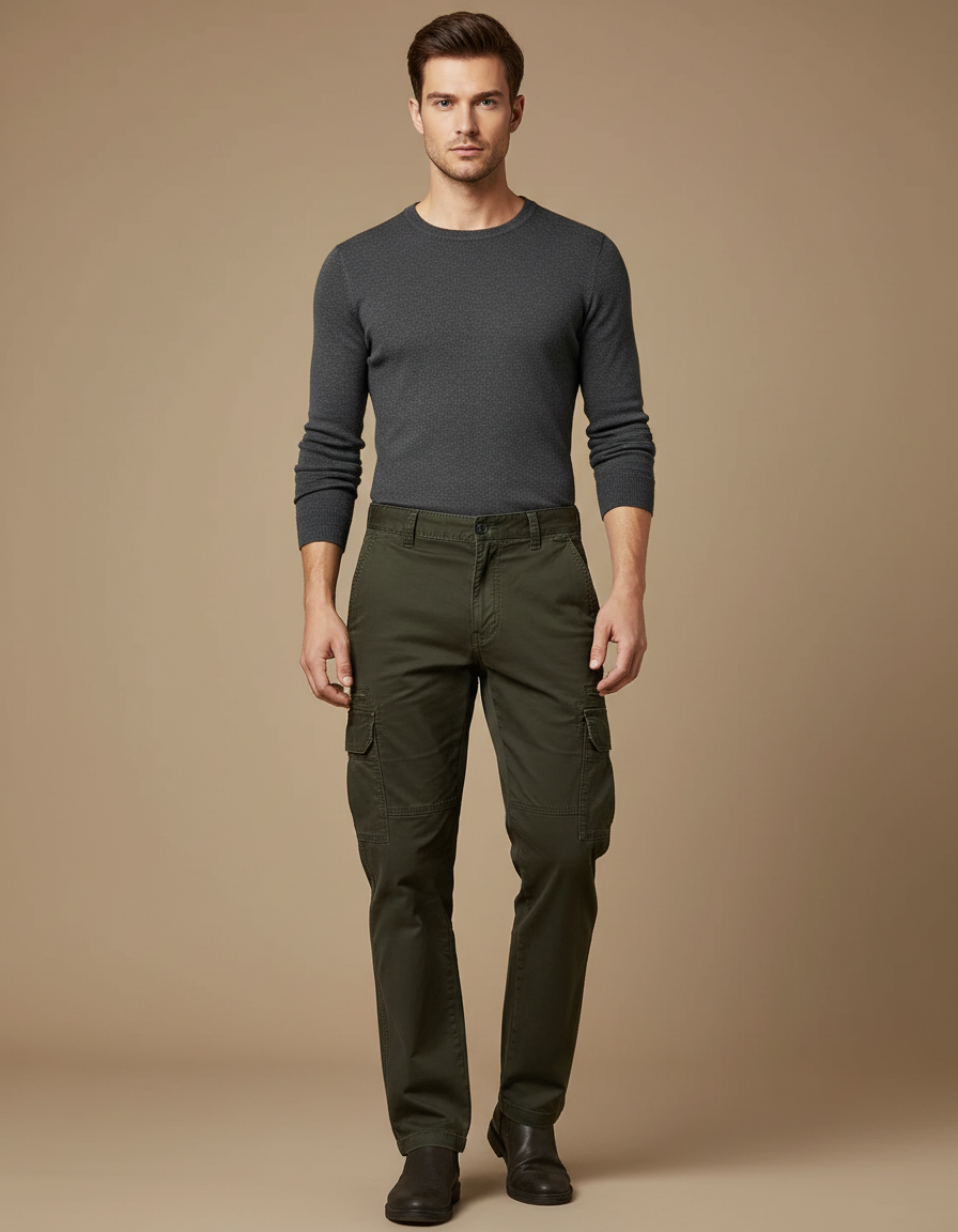 Pantalon Cargo Vert Olive Coton Droit Multipoches - Kaki