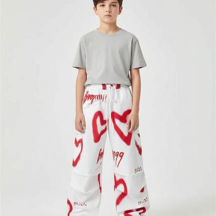 Pantalon Cargo Blanc Ample Coeurs Graffiti Garçon - Toile