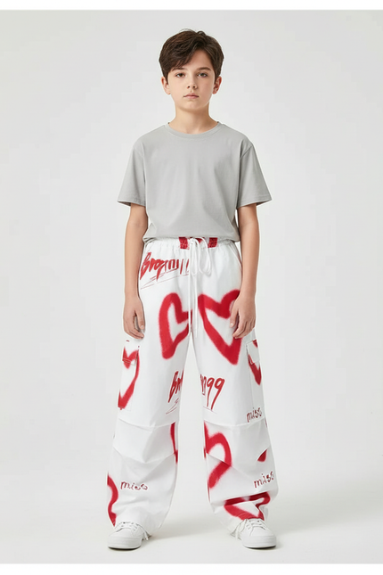 Pantalon Cargo Blanc Ample Coeurs Graffiti Garçon - Toile