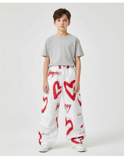 Pantalon Cargo Blanc Ample Coeurs Graffiti Garçon - Toile