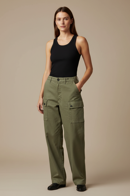 Pantalon Cargo Vert Militaire Ample Coton Poches - Kaki