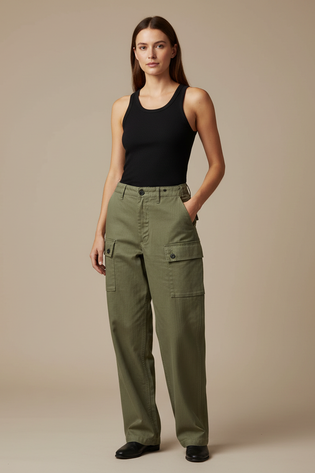 Pantalon Cargo Vert Militaire Ample Coton Poches - Kaki