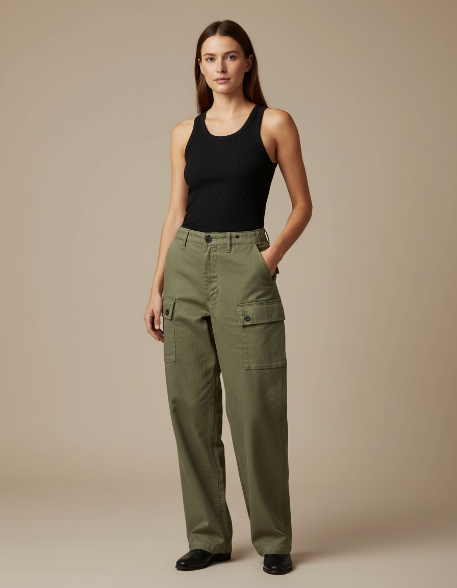 Pantalon Cargo Vert Militaire Ample Coton Poches - Kaki