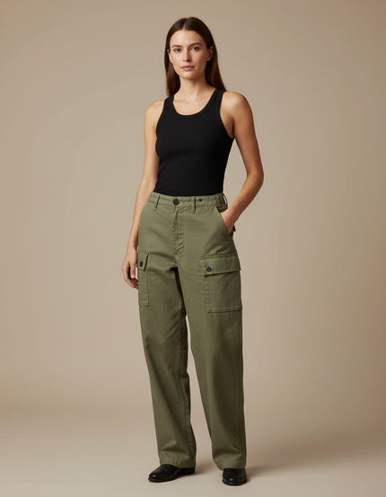 Pantalon Cargo Vert Militaire Ample Coton Poches - Kaki