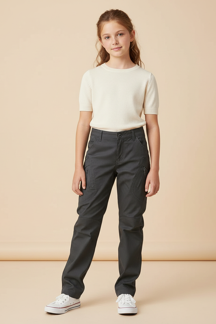 Pantalon Cargo Gris Fille Coupe Droite Multipoches - Gabardine