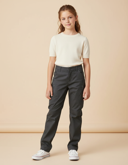Pantalon Cargo Gris Fille Coupe Droite Multipoches - Gabardine