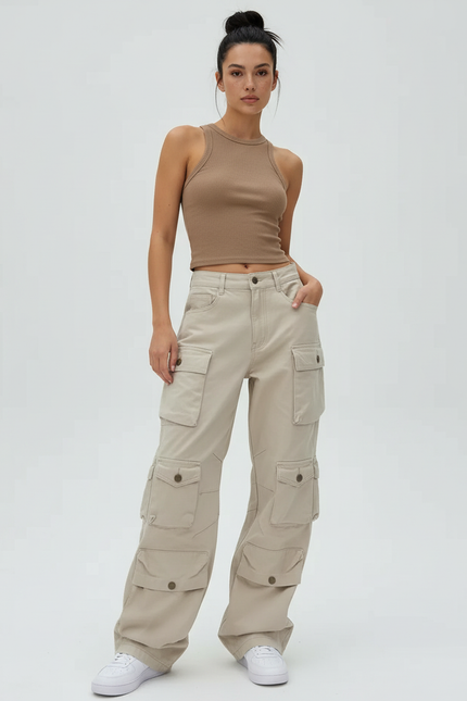 Pantalon Cargo Beige Ample Taille Haute Multipoches - Toile