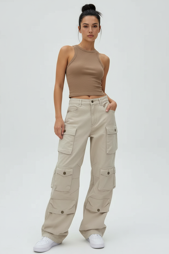 Pantalon Cargo Beige Ample Taille Haute Multipoches - Toile
