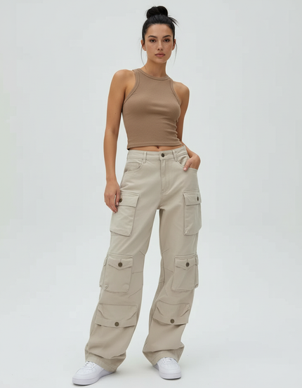 Pantalon Cargo Beige Ample Taille Haute Multipoches - Toile