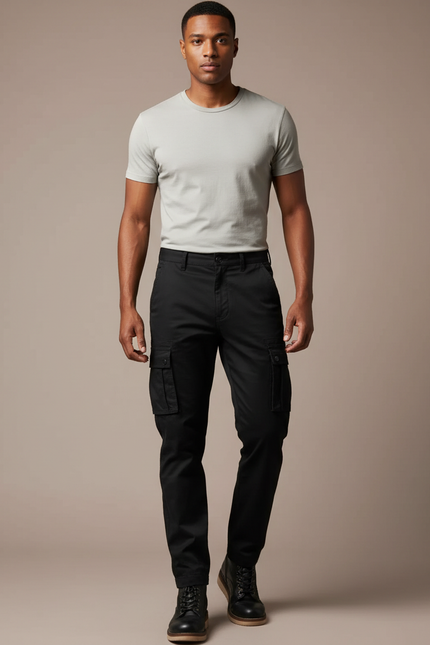 Pantalon Cargo Noir Coton Multipoches Coupe Droite Homme