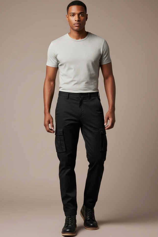 Pantalon Cargo Noir Coton Multipoches Coupe Droite Homme