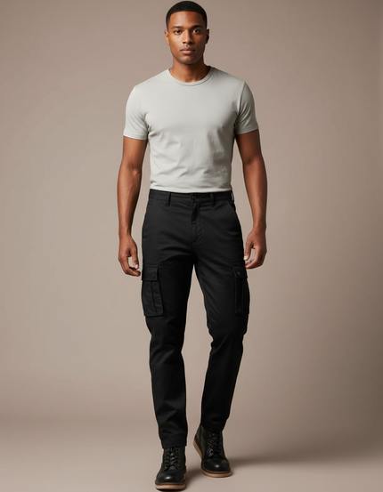 Pantalon Cargo Noir Coton Multipoches Coupe Droite Homme