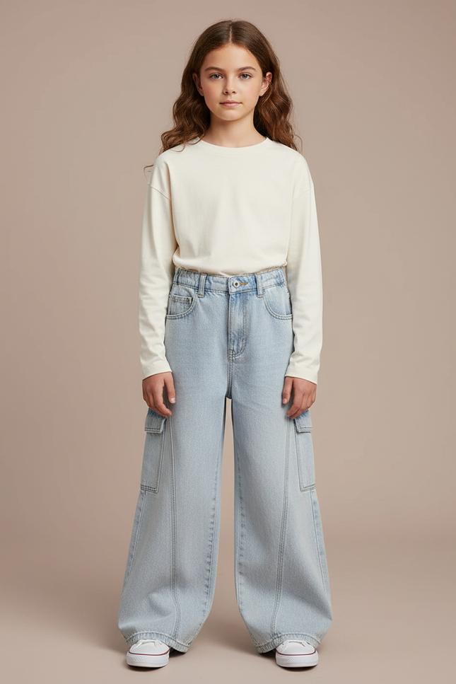 Pantalon Cargo Bleu Clair Ample Coton Enfant - Jean
