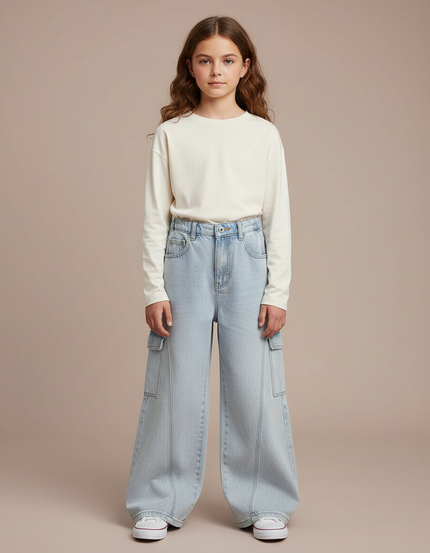Pantalon Cargo Bleu Clair Ample Coton Enfant - Jean