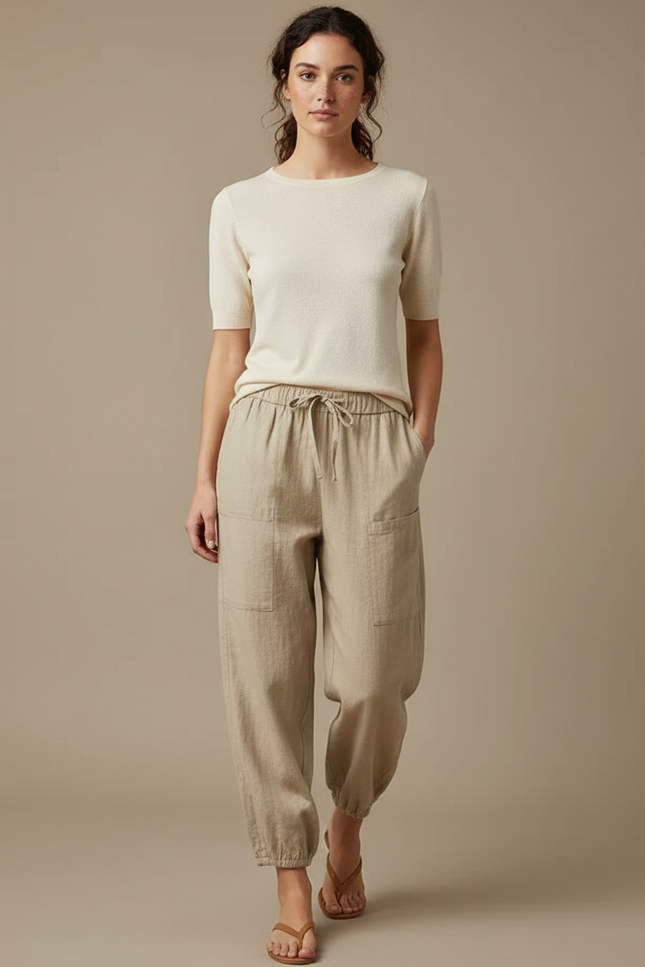 Pantalon Cargo Beige Lin Ample Décontracté Femme