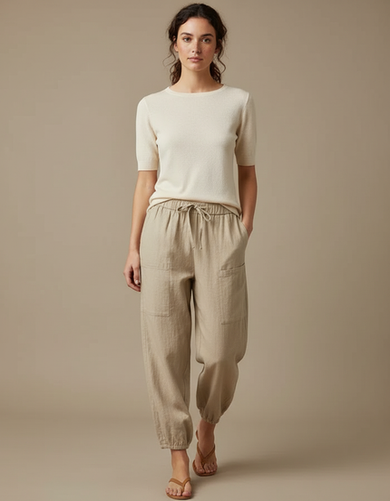 Pantalon Cargo Beige Lin Ample Décontracté Femme