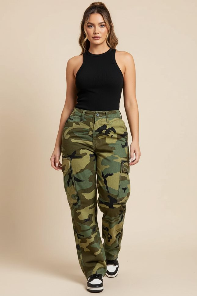 Pantalon Cargo Camouflage Militaire Vert Ample Décontracté - Toile