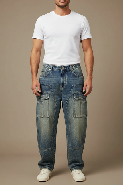 Pantalon Cargo Jean Bleu Ample Délavé Homme