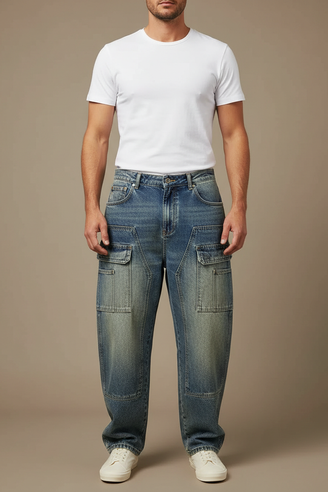 Pantalon Cargo Jean Bleu Ample Délavé Homme