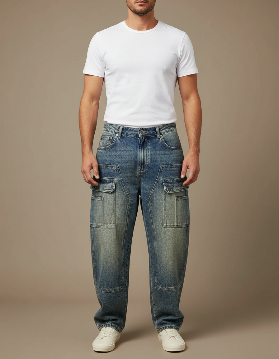 Pantalon Cargo Jean Bleu Ample Délavé Homme