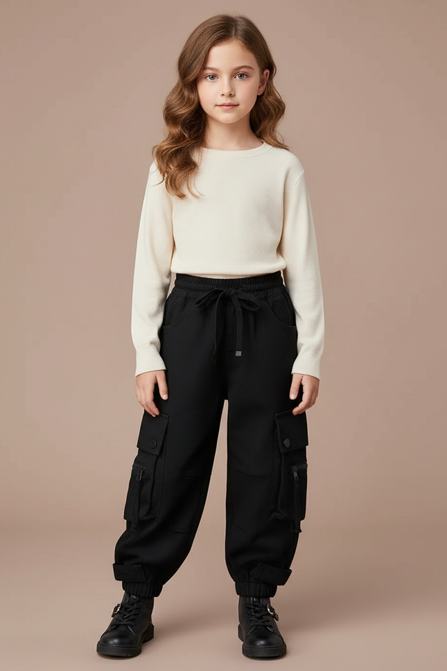 Pantalon Cargo Noir Décontracté Multipoches Enfant Fille - Molleton