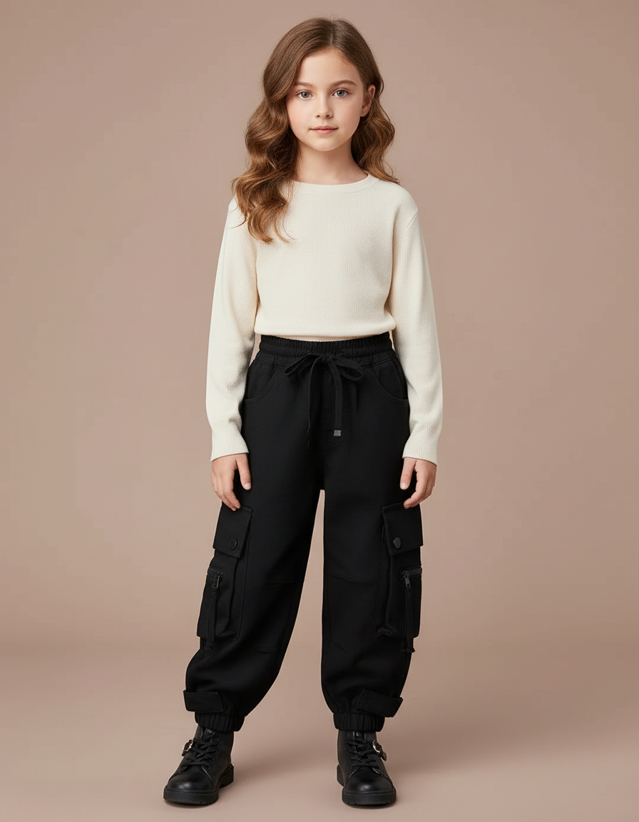 Pantalon Cargo Noir Décontracté Multipoches Enfant Fille - Molleton