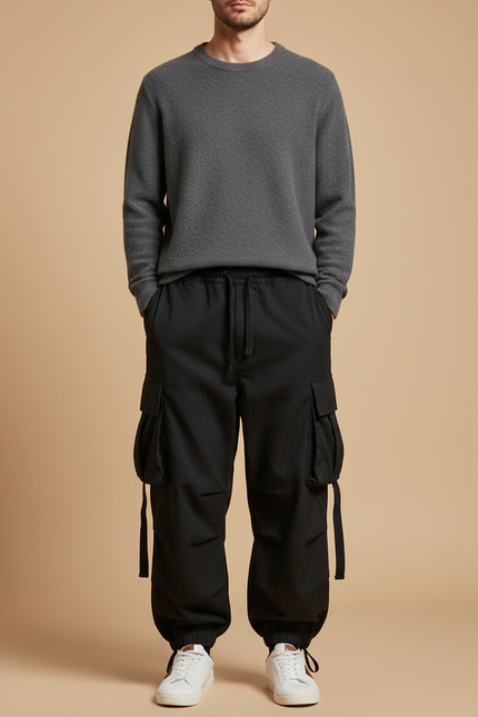 Pantalon Cargo Noir Ample Multipoches Homme Streetwear - Gabardine