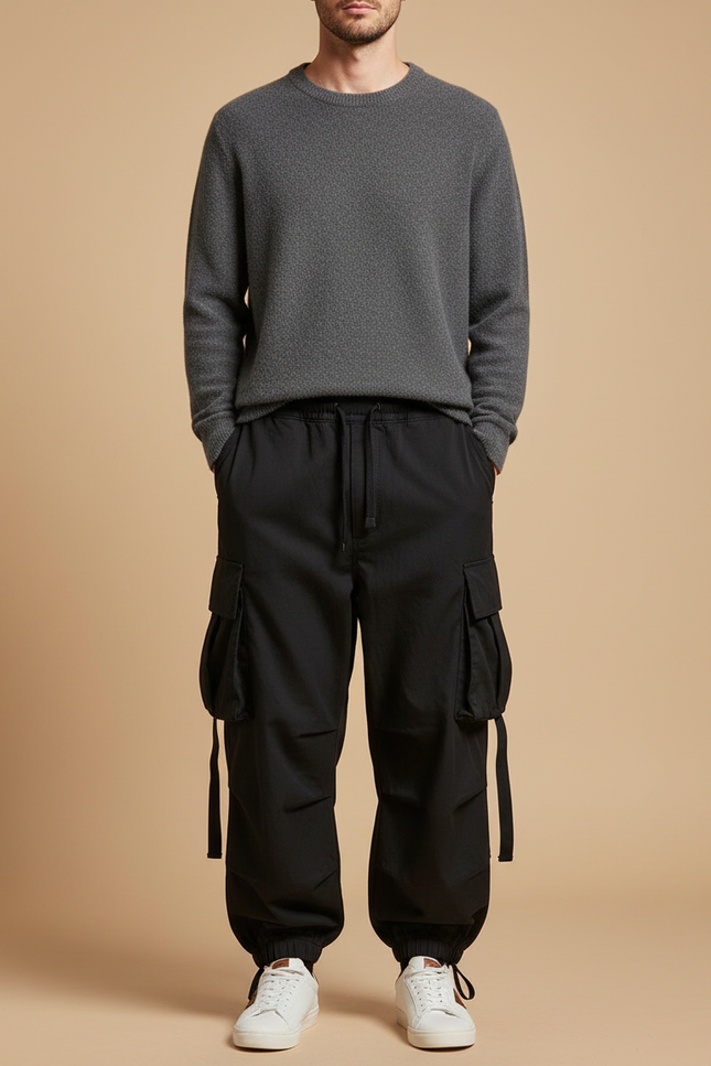 Pantalon Cargo Noir Ample Multipoches Homme Streetwear - Gabardine