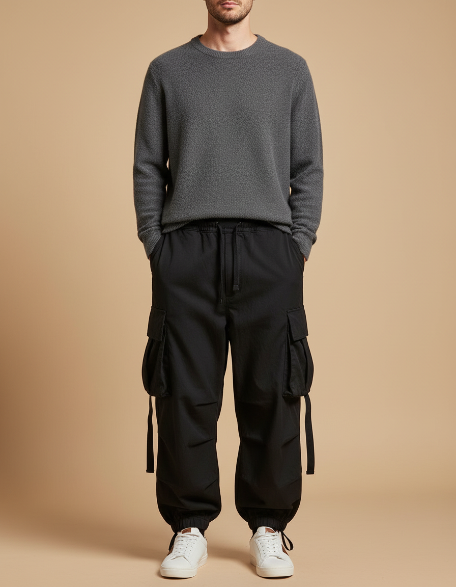 Pantalon Cargo Noir Ample Multipoches Homme Streetwear - Gabardine