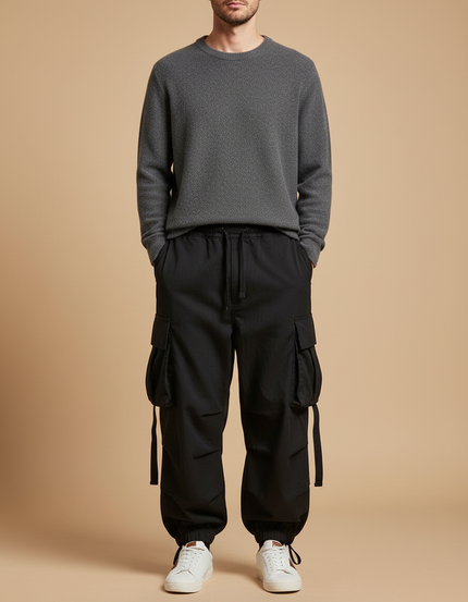 Pantalon Cargo Noir Ample Multipoches Homme Streetwear - Gabardine