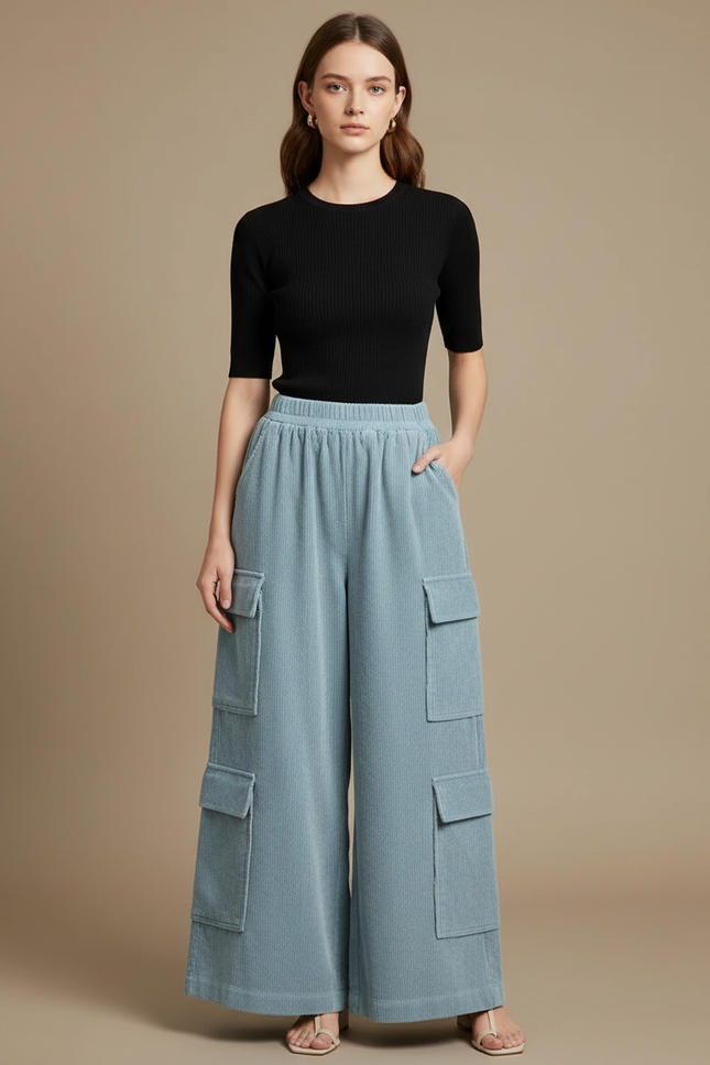 Pantalon Cargo Bleu Côtelé Ample Confortable Femme - Cordé