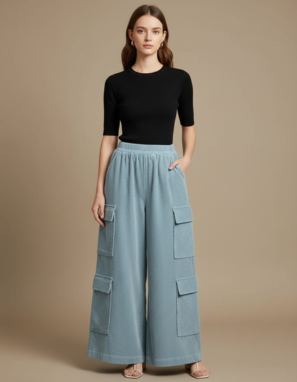 Pantalon Cargo Bleu Côtelé Ample Confortable Femme - Cordé