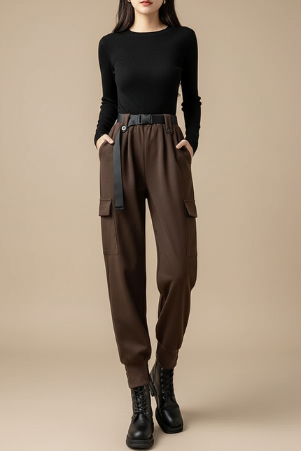 Pantalon Cargo Marron Harem Laine Ceinturé Femme