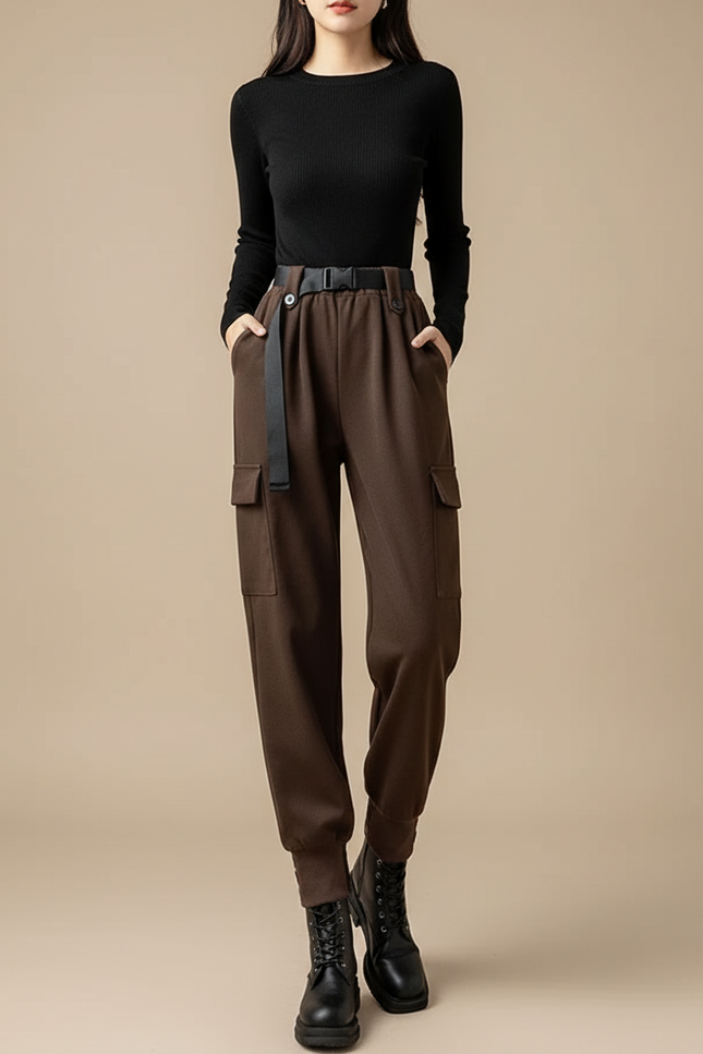 Pantalon Cargo Marron Harem Laine Ceinturé Femme