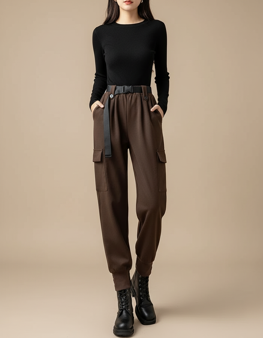 Pantalon Cargo Marron Harem Laine Ceinturé Femme