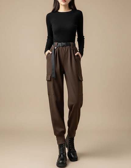 Pantalon Cargo Marron Harem Laine Ceinturé Femme