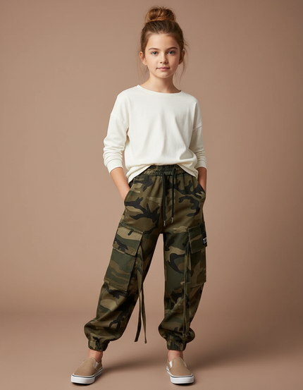 Pantalon Cargo Camouflage Ample Enfant Poches Multiples - Imprimé Molleton